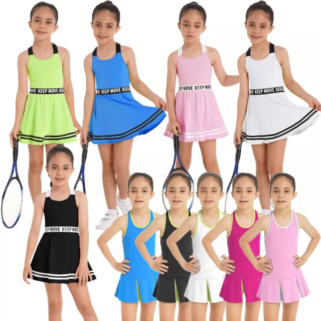 Kids Girls Gym Skirt Cross Back Top Athletic Shorts Golf Tennis Outfit Tracksuit