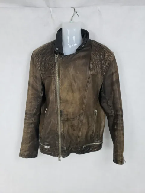 ALL SAINTS STRESSED Brown Leather Mens Bomber Jacket XL Lined $105.00 ...