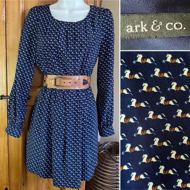 Arc & Co Fit & Flare Long Puff Sleeve Button Back Pleated HORSE 🐎 Print Dress S