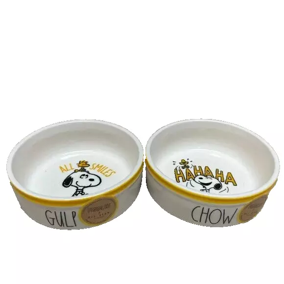 RAE DUNN Snoopy Woodstock Gulp Chow Peanuts Dog Cat Dish Bowl Set of 2