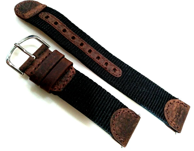 Mens Black w/Brown Nylon/Leather Watch Band Fits 20mm Square Timex Expedition