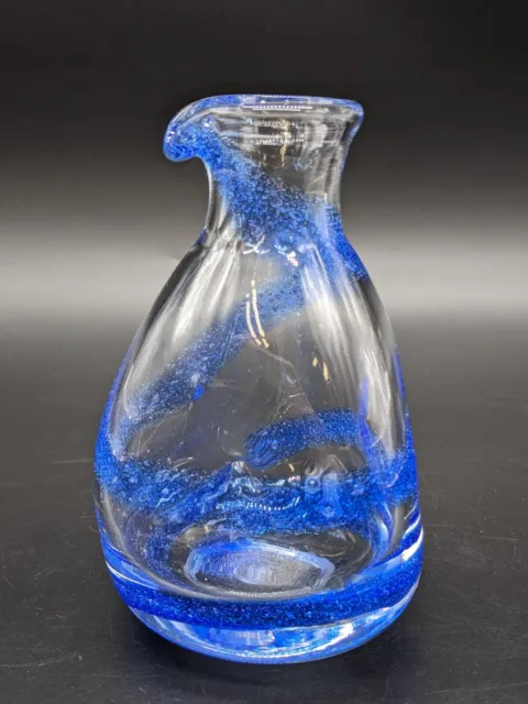 Hand Blown Art Glass Carafe Pitcher Vase Pinched Blue Swirl 5"