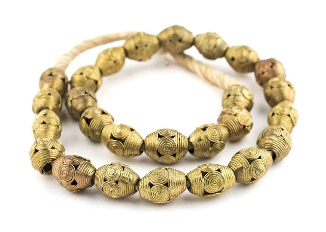 Cameroon-Style Brass Filigree Oval Beads 26x15mm Ghana African Large Hole