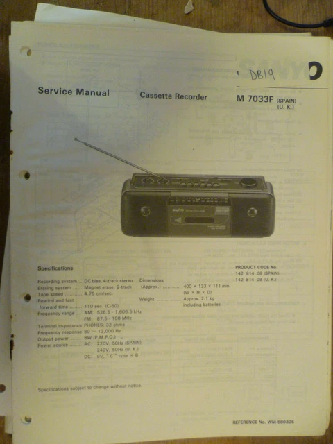 SANYO M-7033F Stereo Cassette Recorder Original Service Manual £7.22 ...