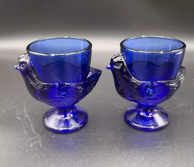 (2) Vintage French Cobalt Blue Glass Chicken Hen Rooster Egg Cups Made in France