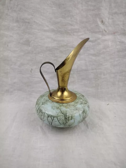 Delft Holland PITCHER Small Hand Painted Marbled Turquoise Base Brass Top Vtg