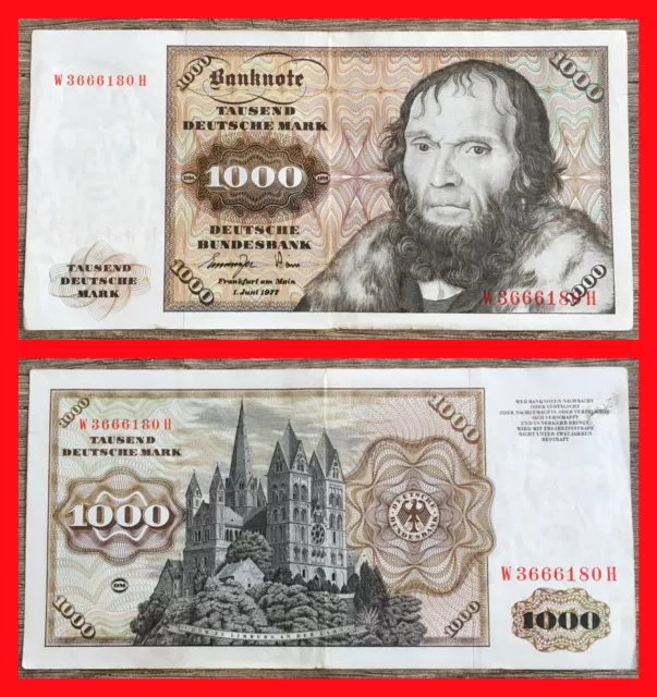 Ⓜ️ 1000 Deutsche Mark ☘️ 1.Juni 1977 DM 💥 Schein Bundesbank 🍄 W 3666180 H 🌐