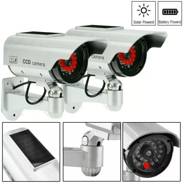 2x Dummy Security Camera Solar Powered CCTV Surveillance Bullet Cam Fake IR LED