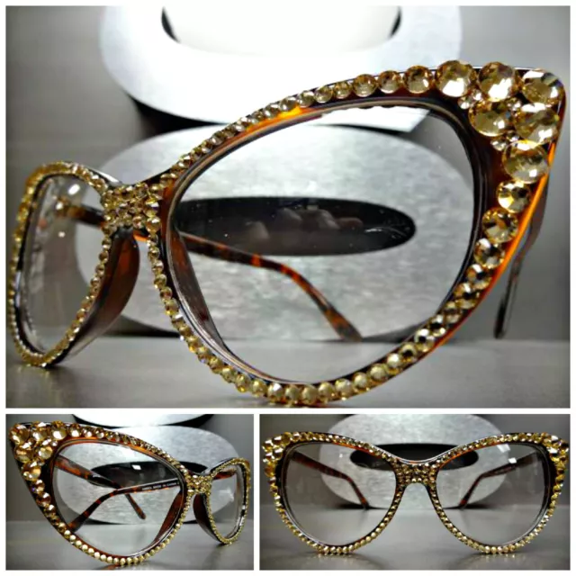 Mujer Vintage 60s Gato Ojo Lente Transparente Gafas Monturas Oro Cristales Hecho