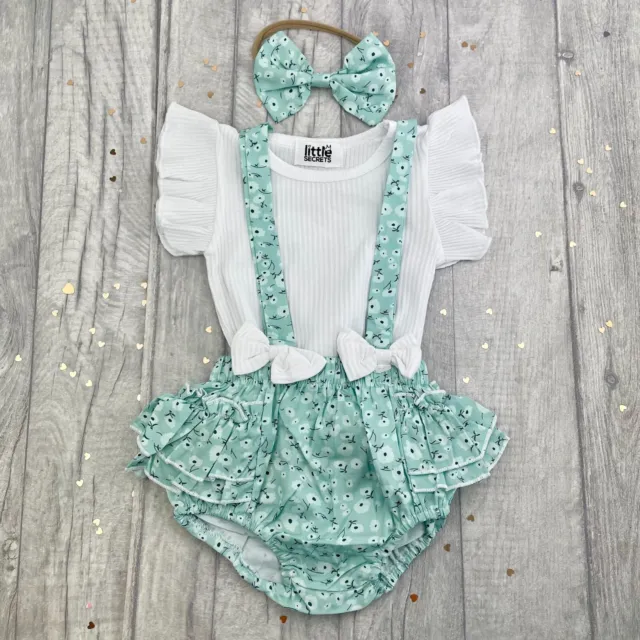 BABY GIRL FLORAL BLOOMERS OUTFIT 3 Piece Set Newborn Pretty White & Green Dress