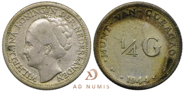 Antilles néerlandaises 1/4 Gulden 1944 Curaçao argent Wilhelmina pièce monnaie