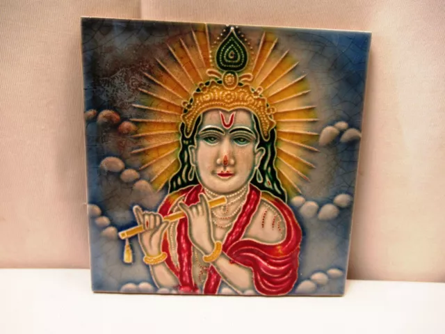Antique Tile Lord Krishna Flute Music Hindu Mythology Art Nouveau Majolica "706