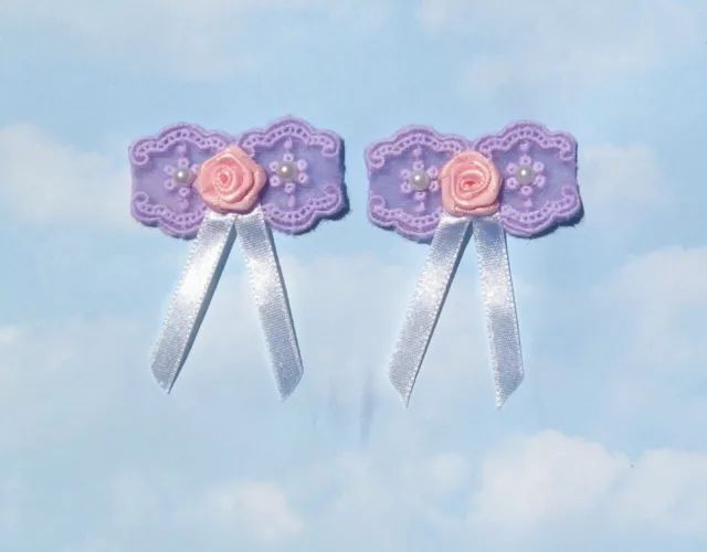 2 Handmade Purple Lace Bows With Pink Roses And Satin Tails  -  AD4