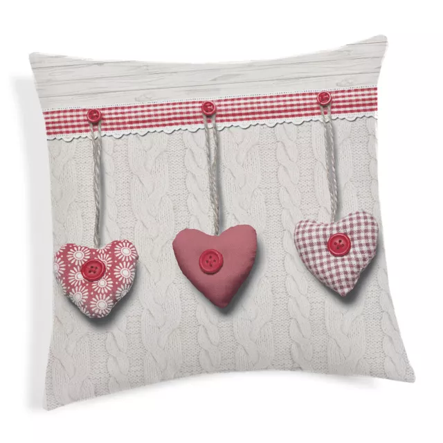 Cuscino Arredo Casa Imbottito Zip Ciondoli Cuori Bottoni Rosso 100% Cotone Italy