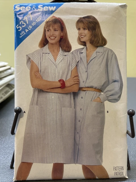 UNCUT Vintage 1985 Butterick 5377 Sz 8 10 12 80s Style Button Front Shirt Dress