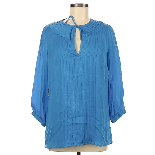 Shoshanna Silk Blouse Blue Tie Neck Pleated Front 3/4 Sleeve Women’s Size 6