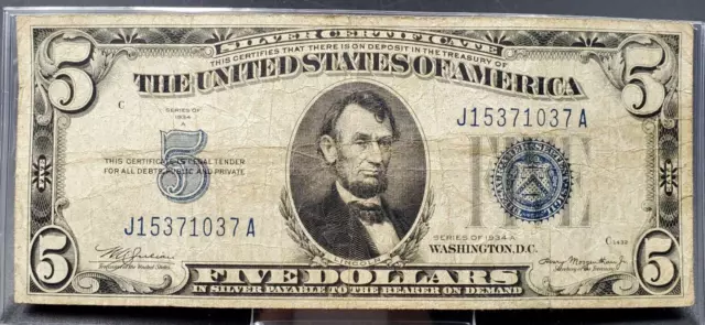 1934 A $5 Silver Certificate Blue Seal  Circ VG Very Good Note Bill Currency