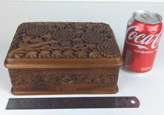 Antique Chinese Ornately Carved Hardwood Box & Key