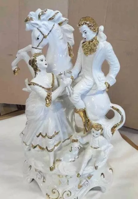 Porcelain figurine Capodimonte Italy statuette white gold lovers horse ornament