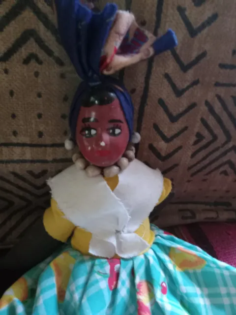 60s Vintage Rag Doll Hand Painted-Paper Macier Head- Haiti Pretty Collector Doll