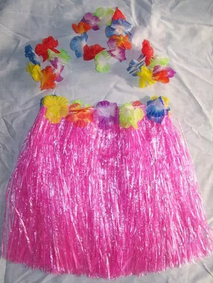 KIDS SIZE HAWAIIAN HULA PINK SKIRT PARTY SET new childrens luau bracelet hat kid