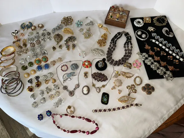 Vintage Estate Jewelry Lot 120 pieces ,Rhinestones,Sterling,GF, many signed