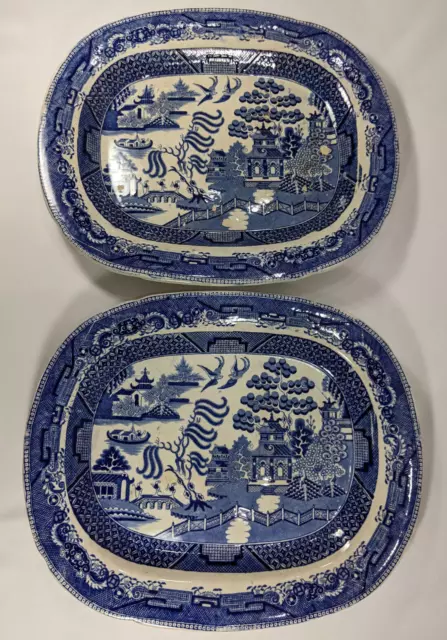 2 x large antique Blue Willow platters – a pair, each 44.5 x 37cm