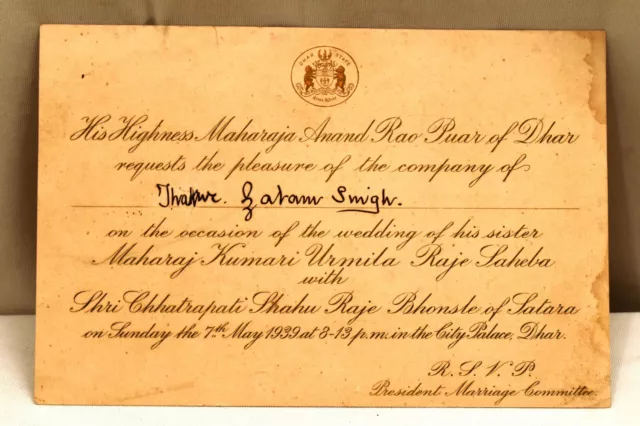 ANTIQUE DHAR PRINCELY State Wedding Invitation Card Maharja Anand Rao ...