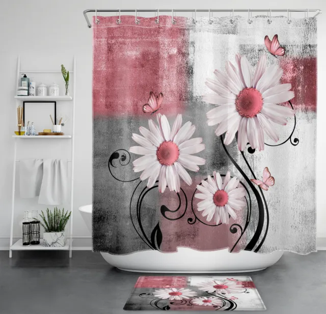 Pink Butterfly Daisy Grey White Geometric Shower Curtain Set for Bathroom Decor