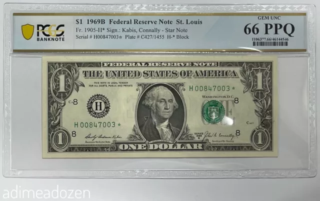 1969B $1 Federal Reserve Star ⭐️ Note St. Louis Fr. 1905-H (PCGS 66PPQ) PH3691DS