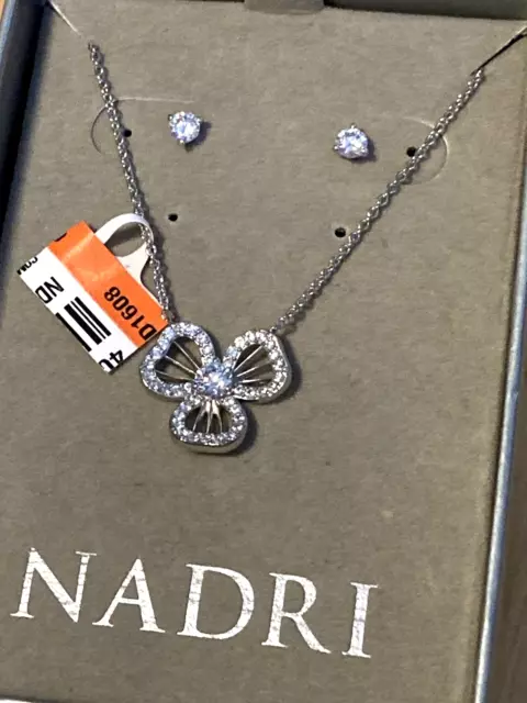 Nadri Crystal/CZ Flower Necklace Stud Earrings Set NWT NIB $60 Silver-Tone