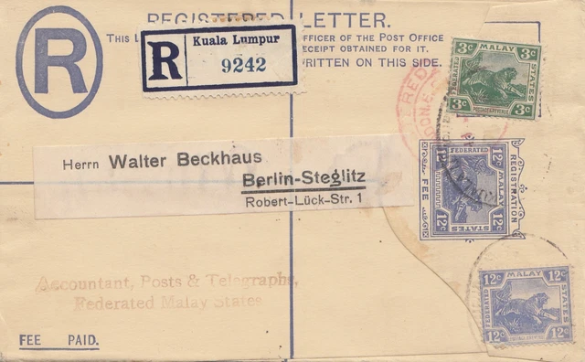 Malay: 1925: Registered Kuala Lumpur to Berlin