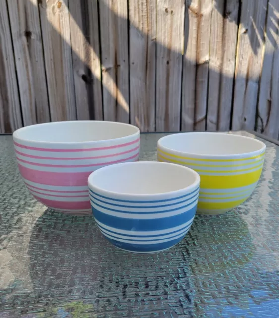 3 Boston Warehouse Nesting Mixing Bowls Striped Pink Blue & Yellow on White