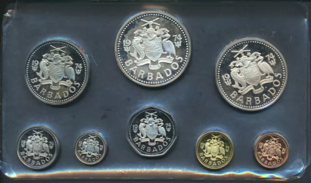 Barbados: 1974 8 coin Proof Set .  Silver $2 & $5n 1.927oz  ASW