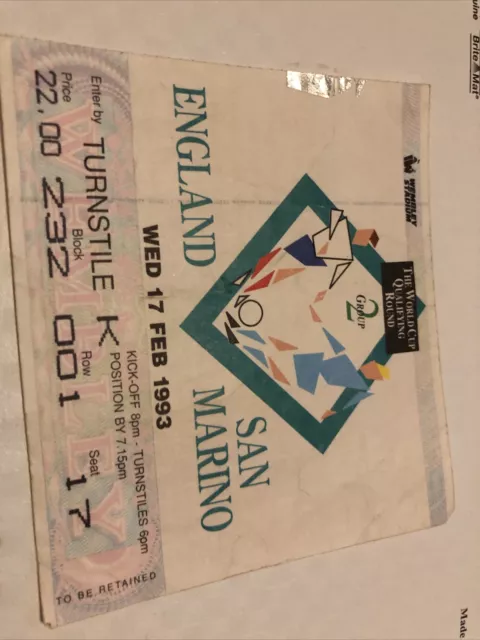 England V San Marino World Cup Qualifier 17th Feb 1993…match Ticket