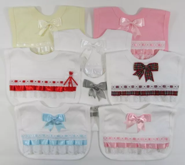 Baby  Bibs Pink Ribbon Red Spanish Silver Frilly Over Head Christening Lace Bow