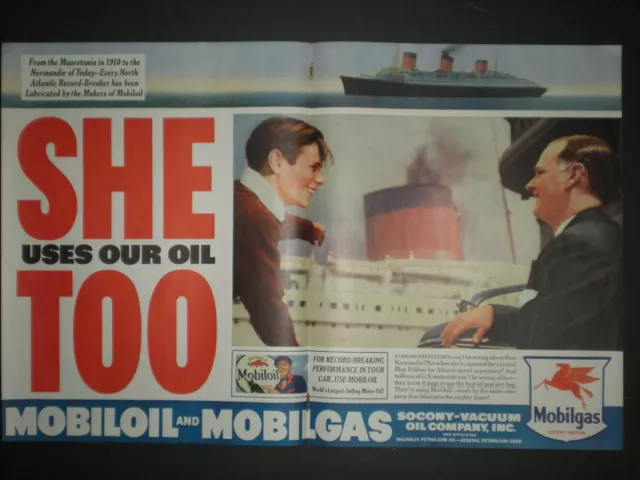 1938 MAURETANIA in1910 to the NORMANDIE of today MOBILOIL & MOBILGAS 2p print ad