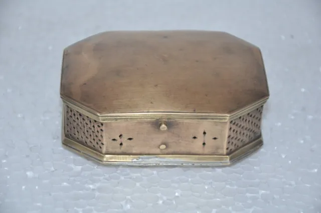 Vintage Brass Mirror Fitted Jali Cut Work Betel Nut Box , Rich Patina
