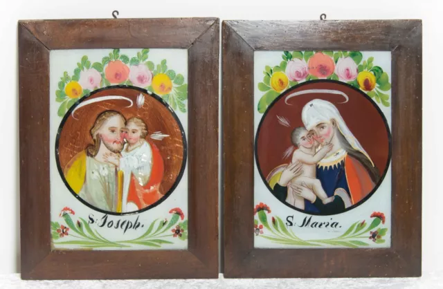2 x Hinterglasbild Hl.Familie Josef und Maria m.Christkind Oberammergau ? ~ 1820