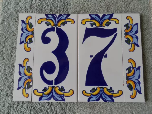 Set 2 x Hand Painted Spanish Blue Yellow EDGE Tiles House Door each 15cm x 3cm