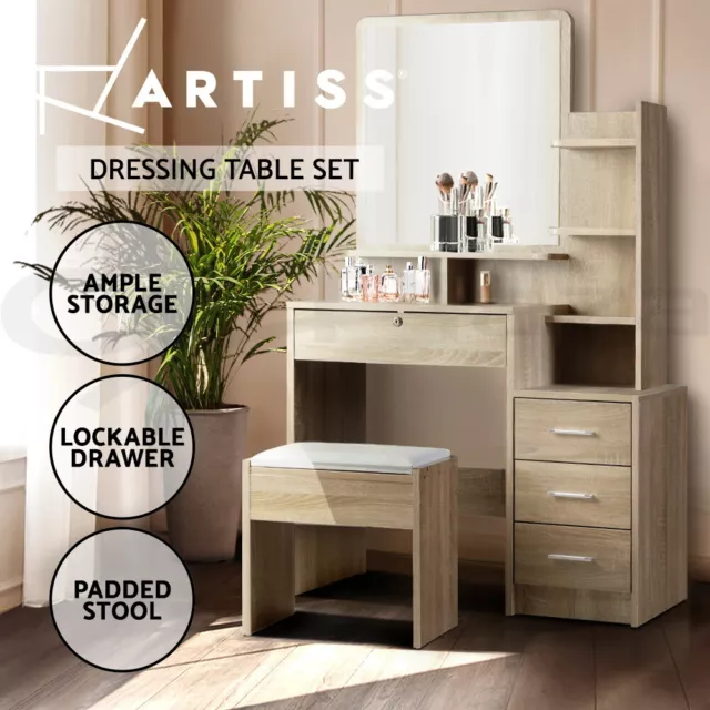 Artiss Dressing Table Mirror Stool Set Vanity Makeup Desk Organizer Drawer Oak