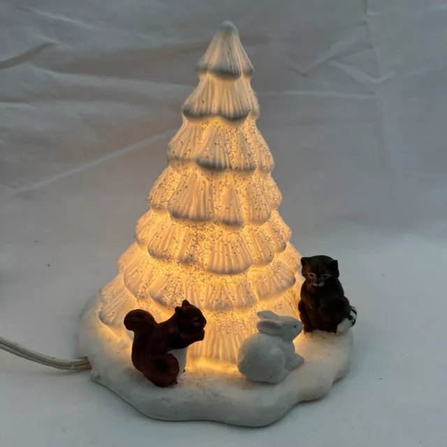 Vintage White Textured Lighted Ceramic Christmas Tree Lamp Woodland Animals