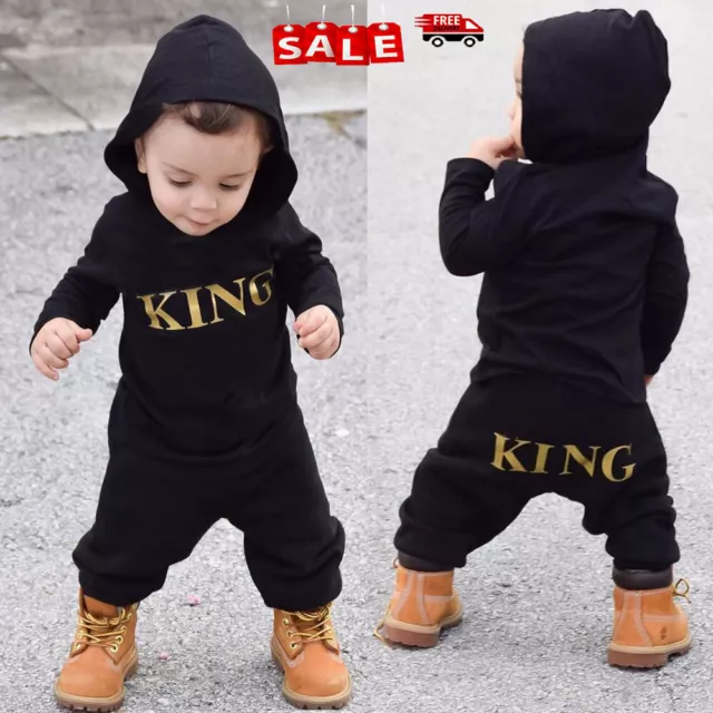 Newborn Baby Kids Boy "KING" Hooded Romper Bodysuit Jumpsuit Clothes Outfits Set