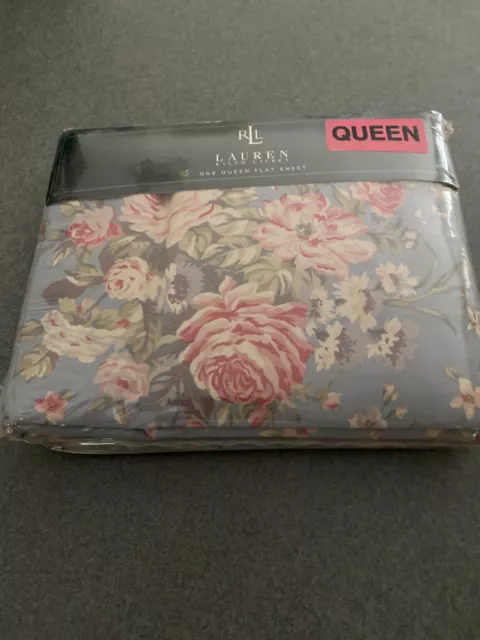 NEW RALPH LAUREN Island Blue Floral Queen Flat Sheet Cottage