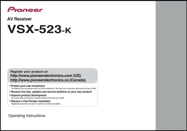 Pioneer VSX-523-K  AV Receiver Owner's Manual - Full color w/ heavyweight covers