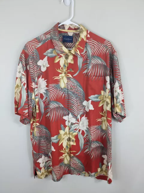 Tommy Bahama Shirt Men's Large Red 100% Silk Floral Beach Hawaiian Casual