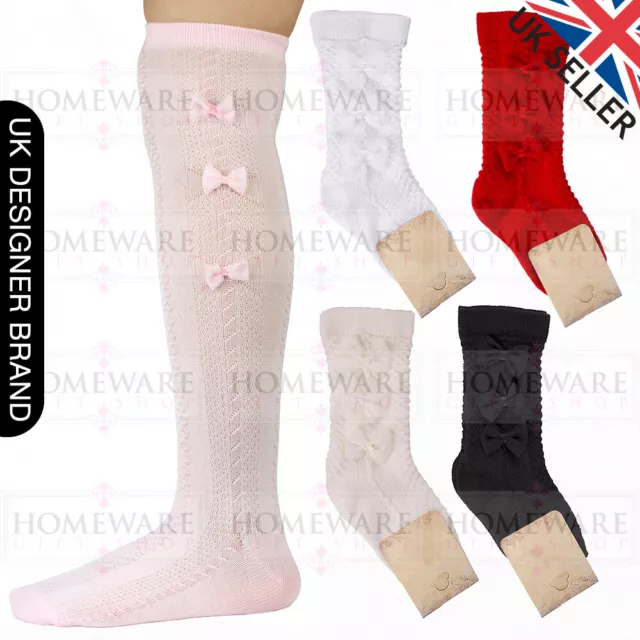 Girls Baby Bow Socks Spanish Knee High Bow Socks White Pink Ivory Red Black 0-6Y