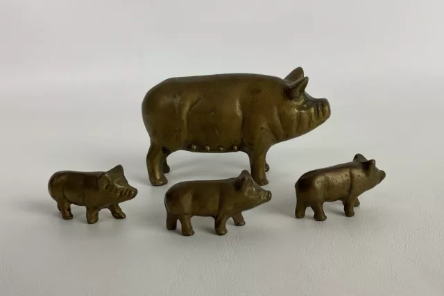 Vintage Brass Pig Sow Mom & 3 Piglet Babies 2 x 4" 1 x 1.75"