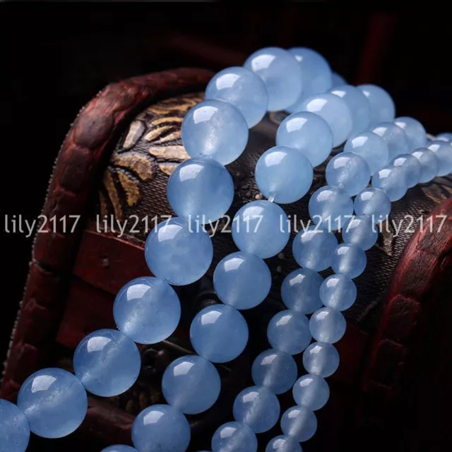 4/6/8/10/12mm Natural Blue Aquamarine Round Gemstone Loose Beads 15" AAA