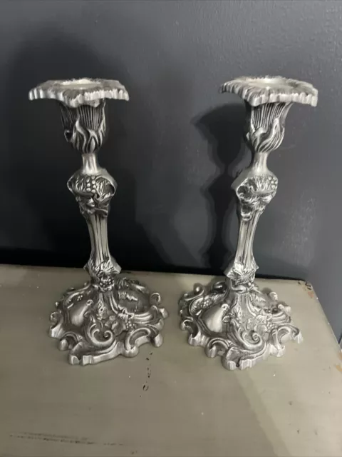Pair Of Ornate Baroque Style candlestick holder silver Heavy pewter 11.5 inches